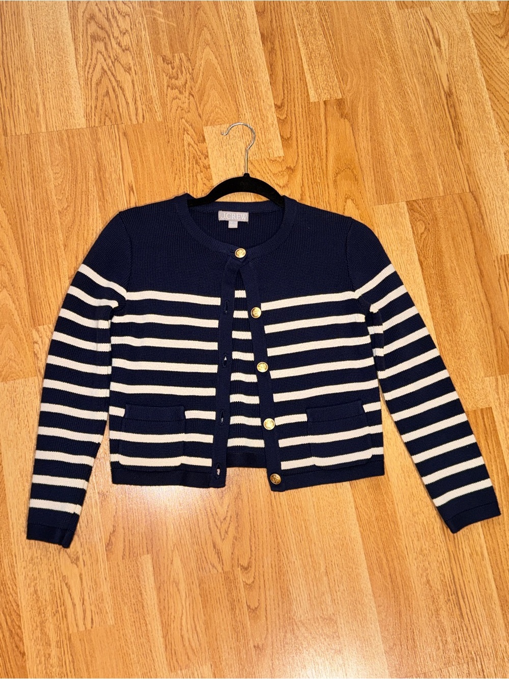 EUC J. Crew Navy White “Lady Jacket” Striped Cropped Cardigan- Gold Buttons- xxs